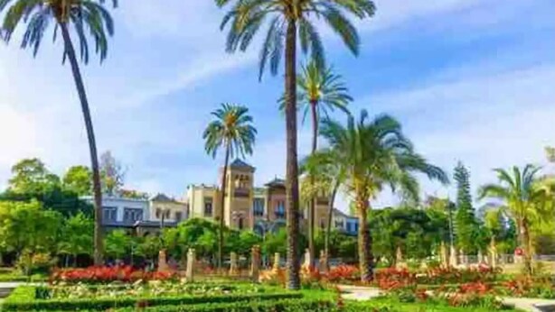 A hotel with a central courtyard, palm trees, and a building with multiple stories and a classic architectural style. - Seville center, large penthouse with terrace and 3 double bedrooms (Sevilla)