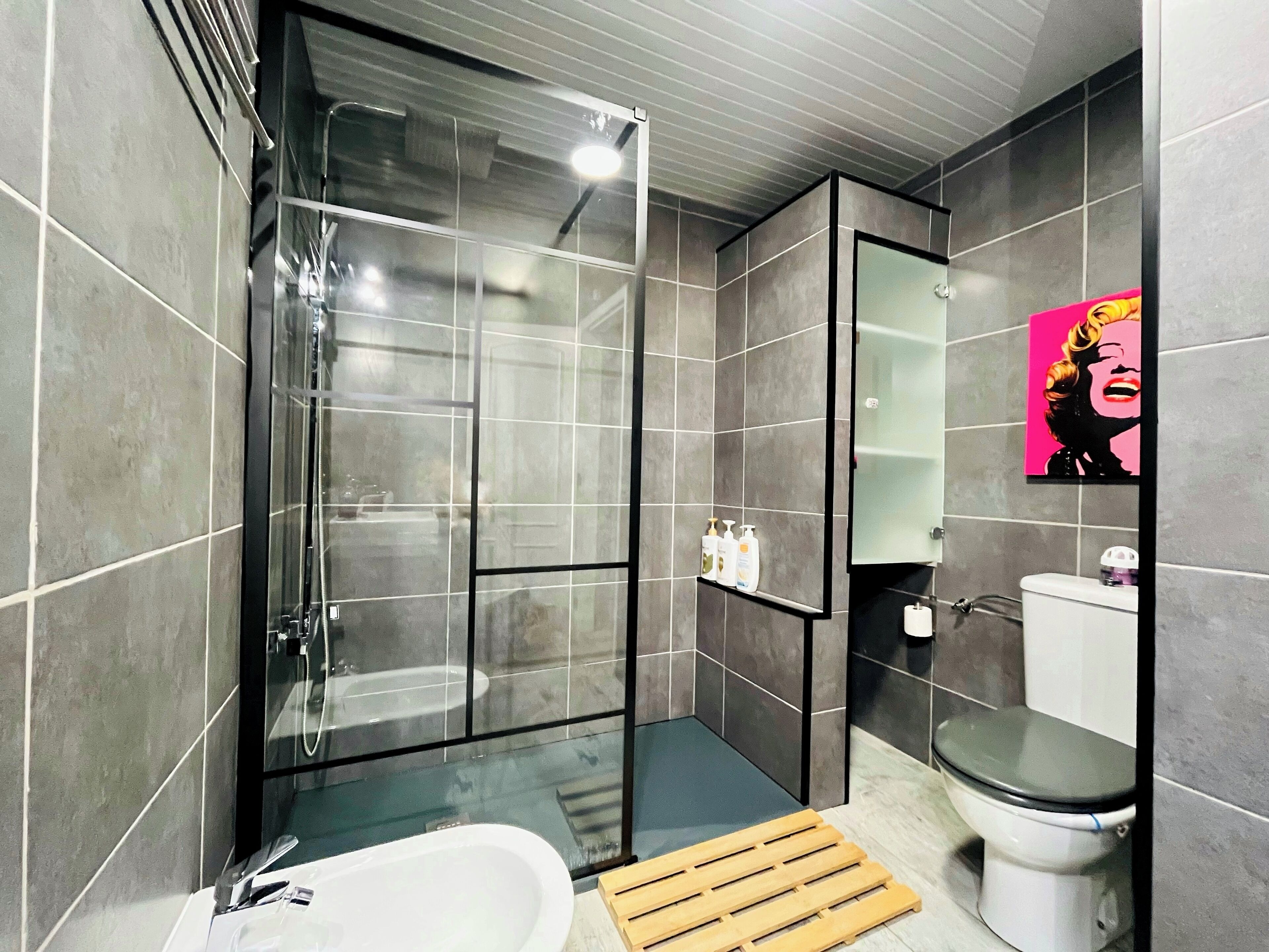 Ensemble baignoire-douche, articles de toilette (gratuits)