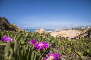 A beach with a rocky outcrop, a sandy beach, and a staircase leading down to the beach.