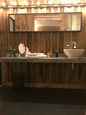 Shower, hair dryer, towels, toilet paper