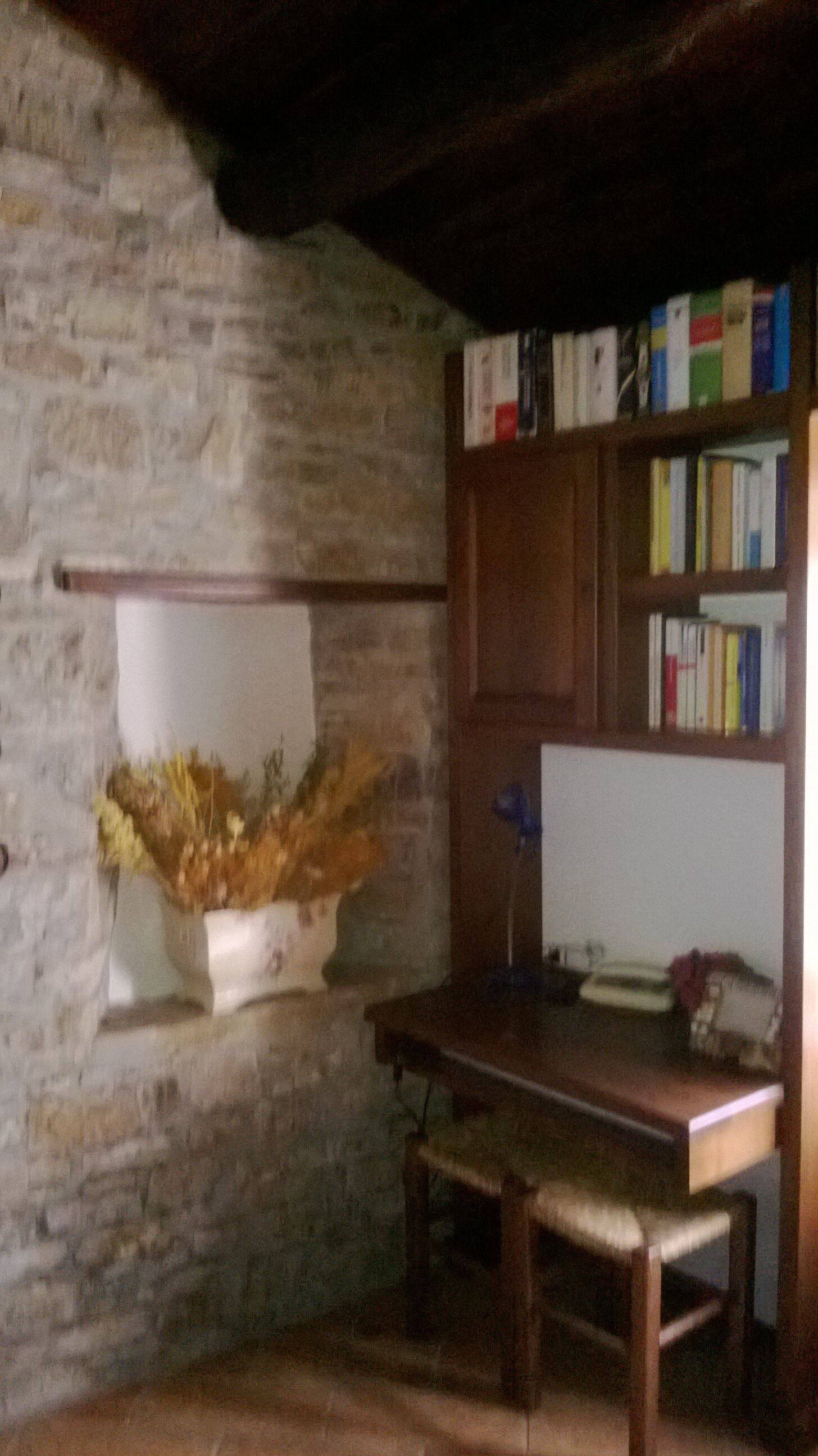 A rustic room with a stone wall, a wooden desk, a bookshelf, and a whiteboard.