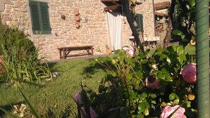 Un edificio de piedra con contraventanas verdes, un banco y un jardín lleno de flores rosas.