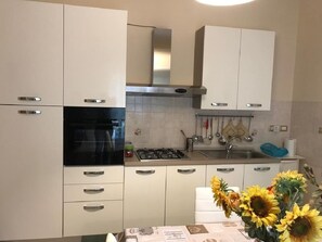 Fridge, oven, stovetop, cookware/dishes/utensils