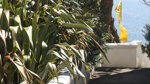A coastal garden with a white planter, a yellow flag, and a view of the sea.