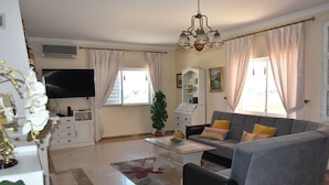 Ein Wohnzimmer mit grauem Sofa, Couchtisch, Fernseher und Blumentopf.