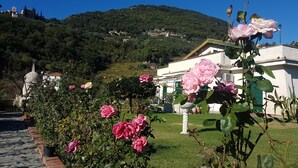A garden with blooming pink roses, a stone pathway, and a building with a white facade and green shutters. - Villa "LA GARITTA" Two steps from the magical village (Finale Ligure)