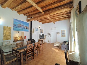 TV, fireplace, books, stereo