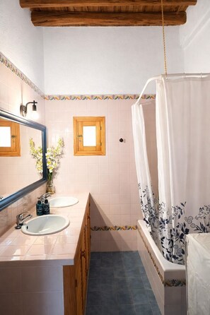 Bañera con ducha, secador de pelo, bidet, toallas