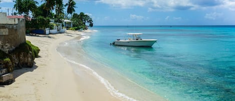 On the beach, sun loungers