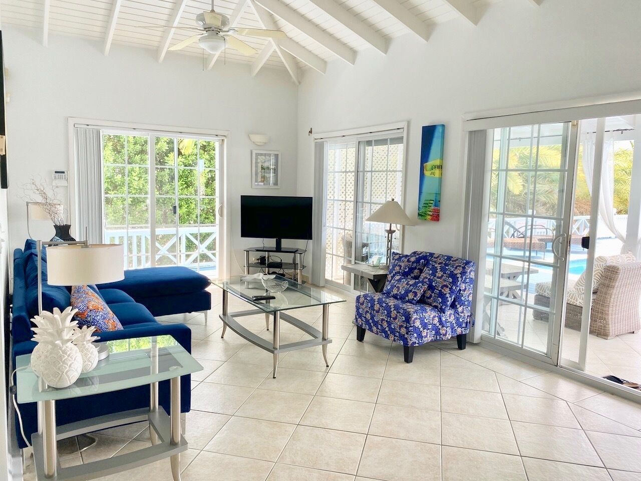 Smart TV, books, music library, stereo