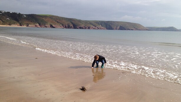 Ein Strand mit einem Kind, das im flachen Wasser spielt.