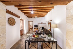 Tv, eldstad och böcker