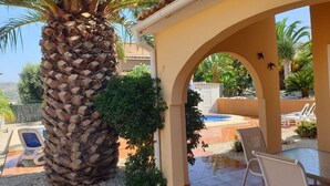 Un espacio al aire libre cubierto con una palmera, una piscina y sillas de descanso.