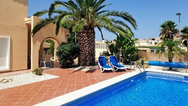 Zona de piscina con sillas reclinables azules, una palmera y un edificio con patio empedrado.