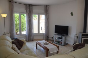 TV, DVD player, books, video library