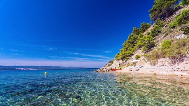 Une plage côtière dégagée, avec un terrain rocheux et une végétation clairsemée.