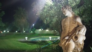 Une statue dans un jardin, avec une piscine et des arbres.