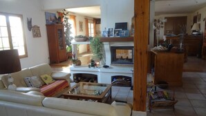 A living room with a sofa, coffee table, fireplace, and various decorations. - Large 200m² house with swimming pool (5 by10m) near Alès in the Cévennes, 8people (Laval Pradel)