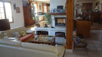 Smart-tv, een open haard, een dvd-speler en boeken