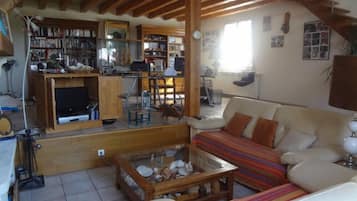Smart-tv, een open haard, een dvd-speler en boeken