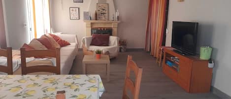 Una televisión, una chimenea, un reproductor de DVD