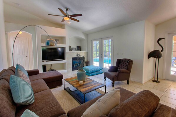 Smart TV, fireplace, video games, books