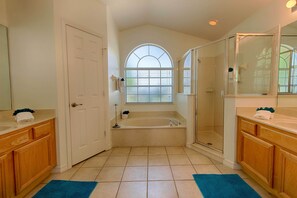 Combined shower/tub, hair dryer, towels, soap