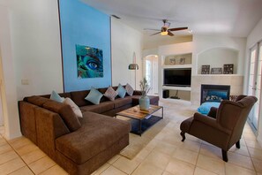 Smart TV, fireplace, video games, books