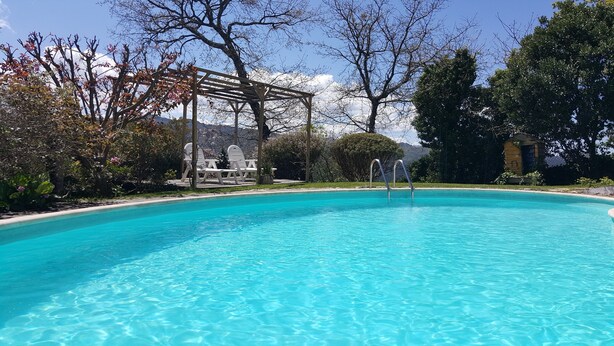 Ein klares, blaues Schwimmbecken mit einer Pergola und Liegestühlen, umgeben von Bäumen und Blick auf einen Berg.