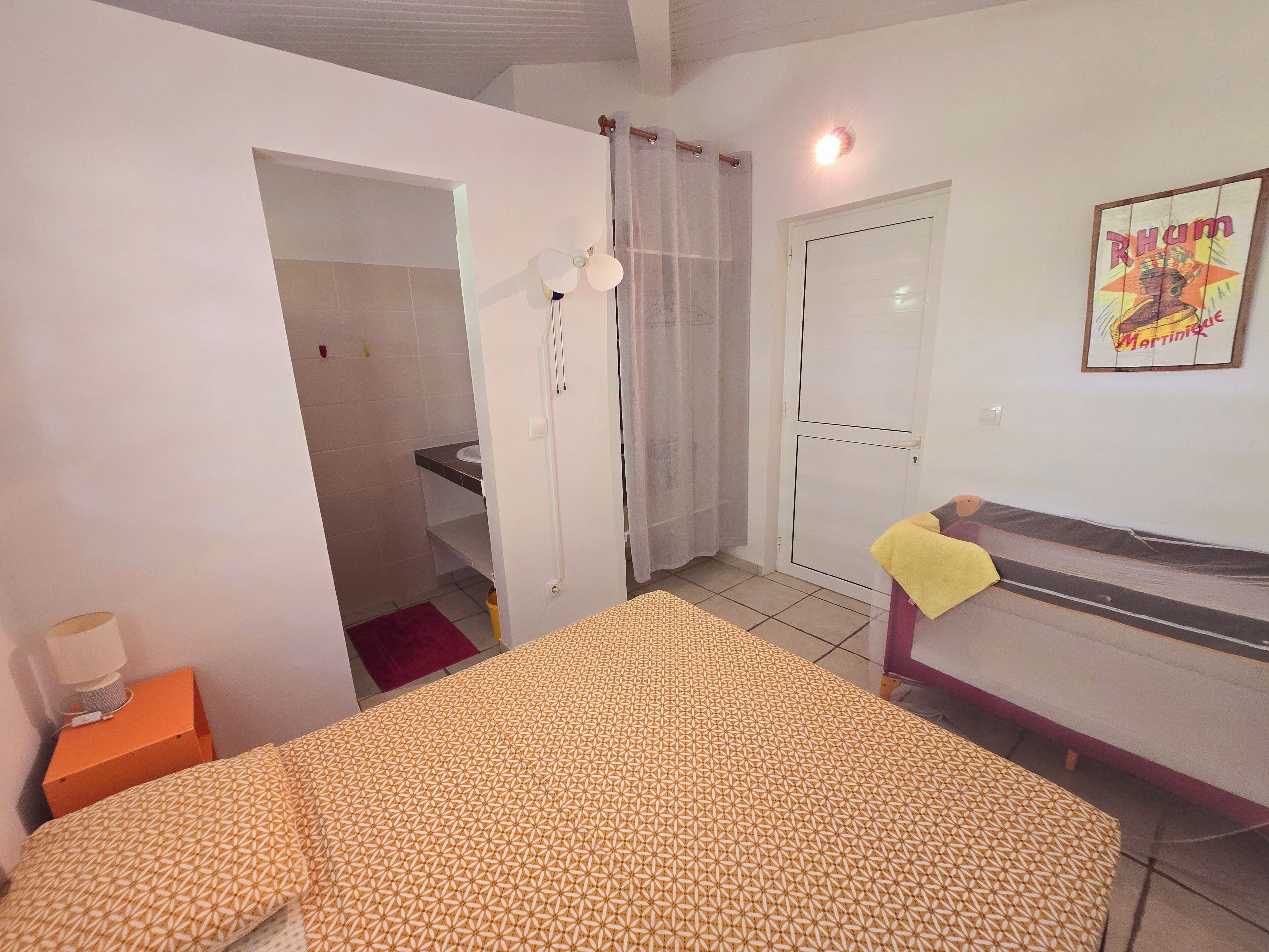 A bedroom with a bed, a bathroom with a shower, and a toilet.