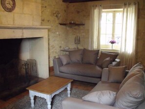 Télévision, cheminée, table de tennis de table, livres