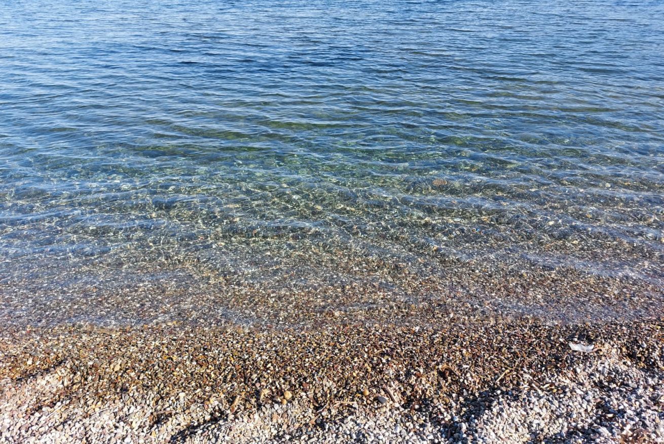 On aperçoit clairement une plage de galets, et l’eau s’étend à perte de vue.