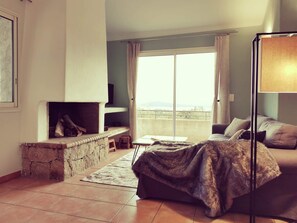 TV, lareira, DVD player, livros