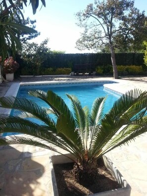 A rectangular swimming pool with a clear blue water surface, surrounded by a stone deck.