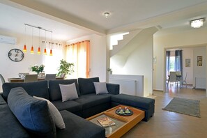 TV, fireplace, table tennis, books
