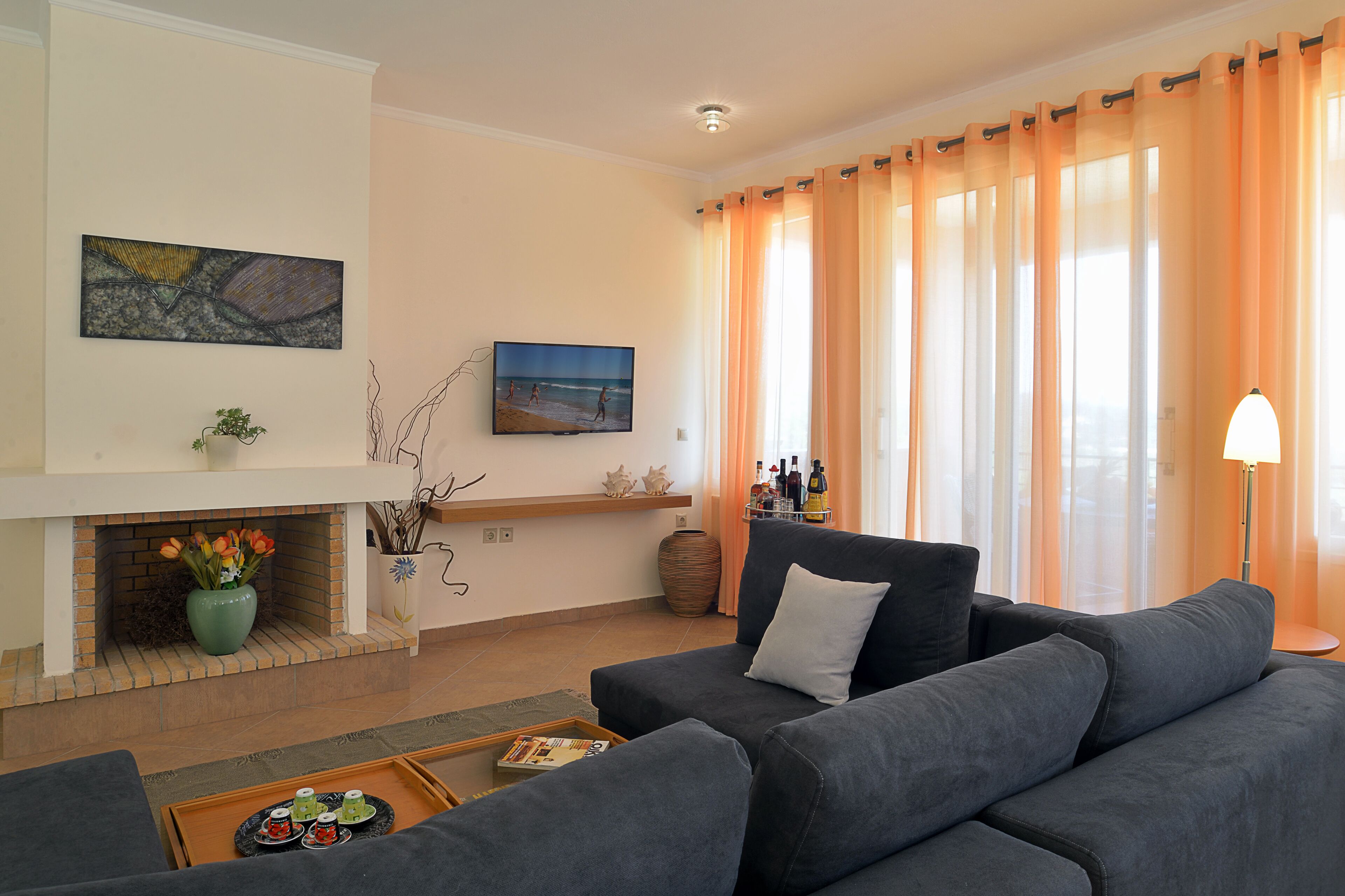 Télévision, cheminée, table de tennis de table, livres