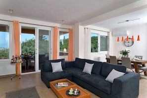 Télévision, cheminée, table de tennis de table, livres