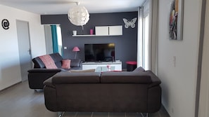 Télévision, lecteur de DVD, livres, médiathèque