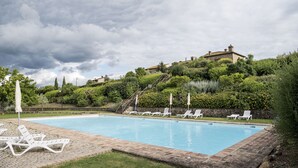 A swimming pool with white lounge chairs and umbrellas, surrounded by greenery and a stone wall. - La Casetta, Casole d'Elsa, Siena. Join the real Tuscany countryside! (casole d'elsa siena)