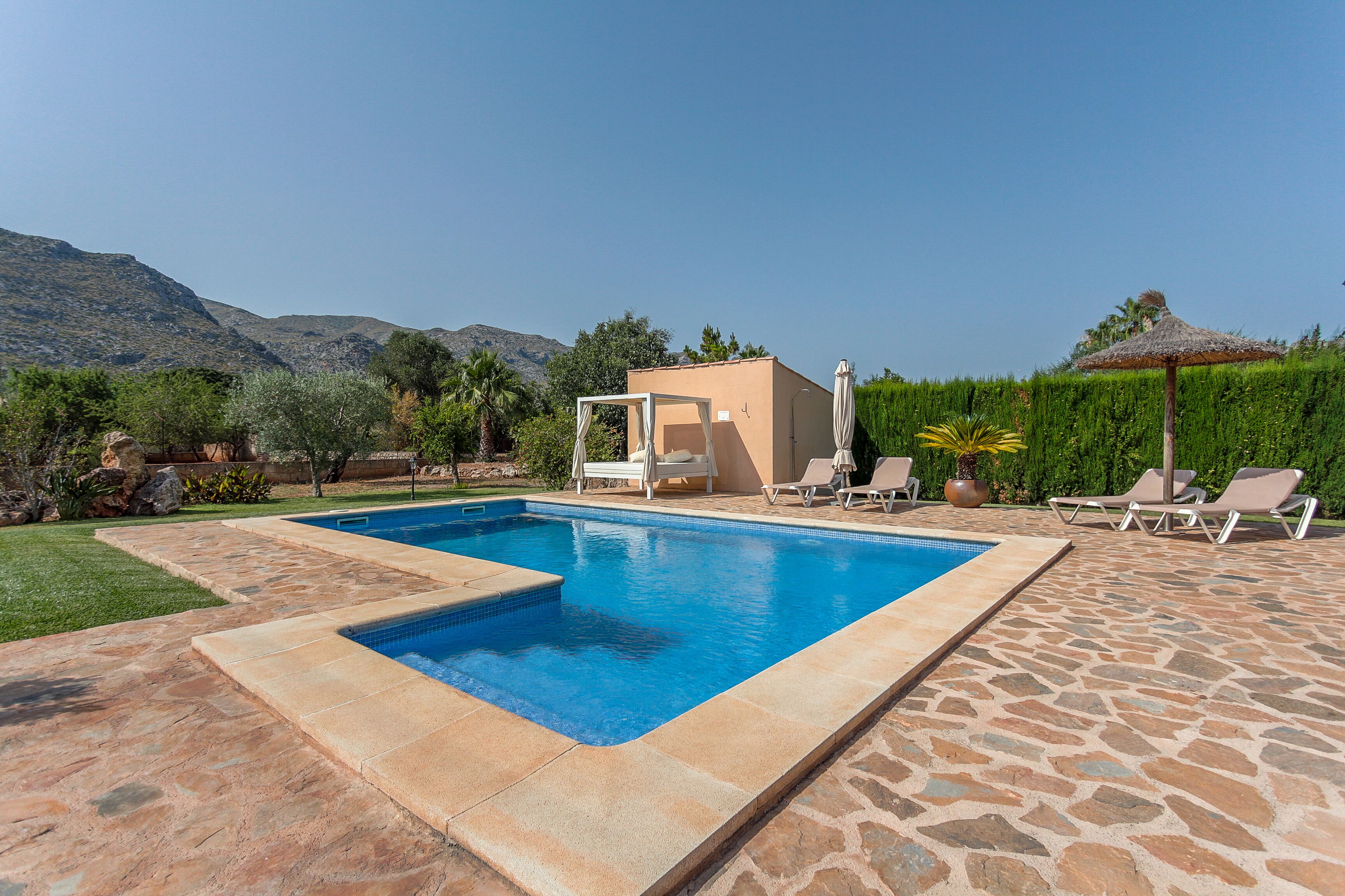 A rectangular swimming pool with a stone deck, surrounded by lounge chairs and a small building with a thatched roof.