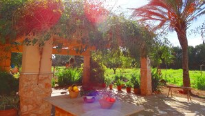 A stone structure with a table and potted plants, surrounded by greenery and a palm tree. - Son Antem, Air Conditioning, Wifi free, Private pool, 8 km From Cala Blava (Llucmajor)