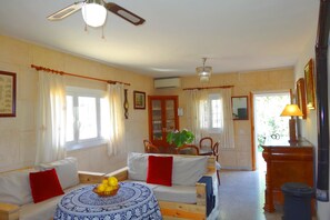 Een televisie, een open haard, een dvd-speler en boeken