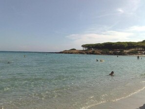 A beach with clear water, people swimming, and a rocky area with trees.