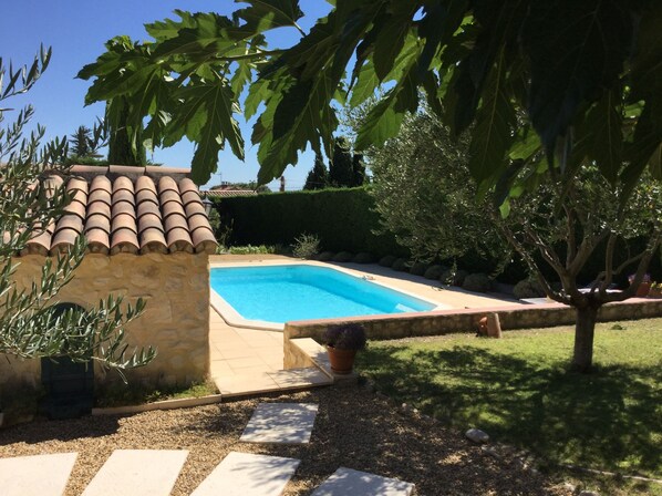 Ein Pool mit Steinmauer und Ziegeldach, umgeben von Kies und Topfpflanzen.