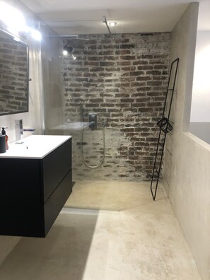 Combined shower/bathtub, hair dryer, towels, toilet paper