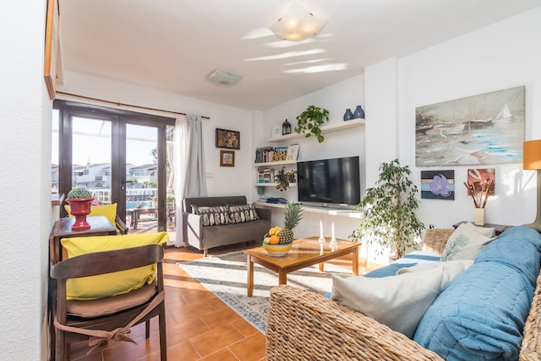 Smart TV, DVD player, books, video library