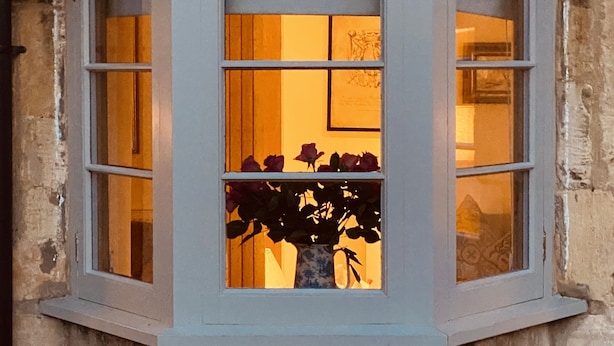 Et hjørnevindue med udsigt over et rumindretning, inklusive en seng og en vase med blomster.