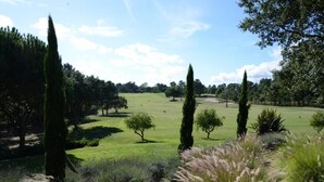 A landscaped garden with neatly trimmed hedges, a variety of trees, and a clear sky. - Azeitao: Holidays Villa with pool and beach nearby (Azeitão)