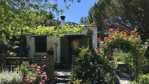 A rustic house with a stone staircase leading to a wooden door, surrounded by lush gardens and flowering plants. - Country House and garden on Edge of Picturesque Village,LGBTQ+friendly (Bubion, Granada)