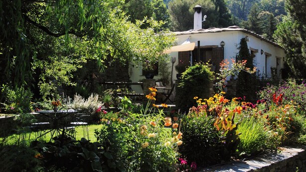 A rustic house with a garden in front, surrounded by trees and hills. - Country House and garden on Edge of Picturesque Village,LGBTQ+friendly (Bubion, Granada)